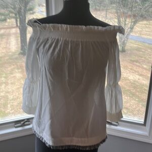 Trina Turk Coastal Boho Chic White off‎ the Shoulder Top Fringe Bottom